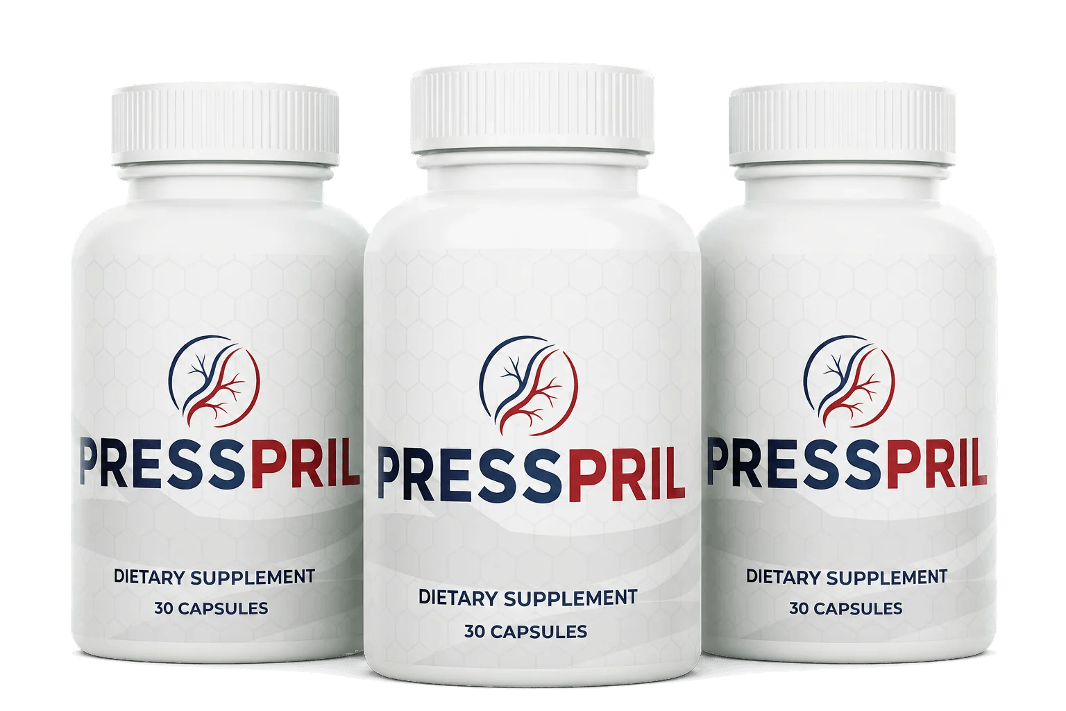 Three PressPril dietary supplement bottles, each labeled 30 capsules